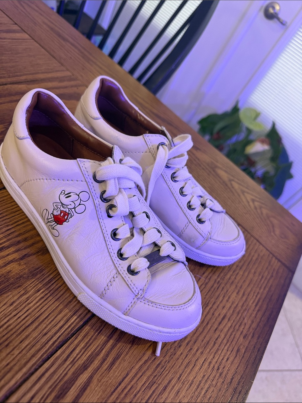 Coach White Leather Low-Top Sneakers with Mickey Character Accent